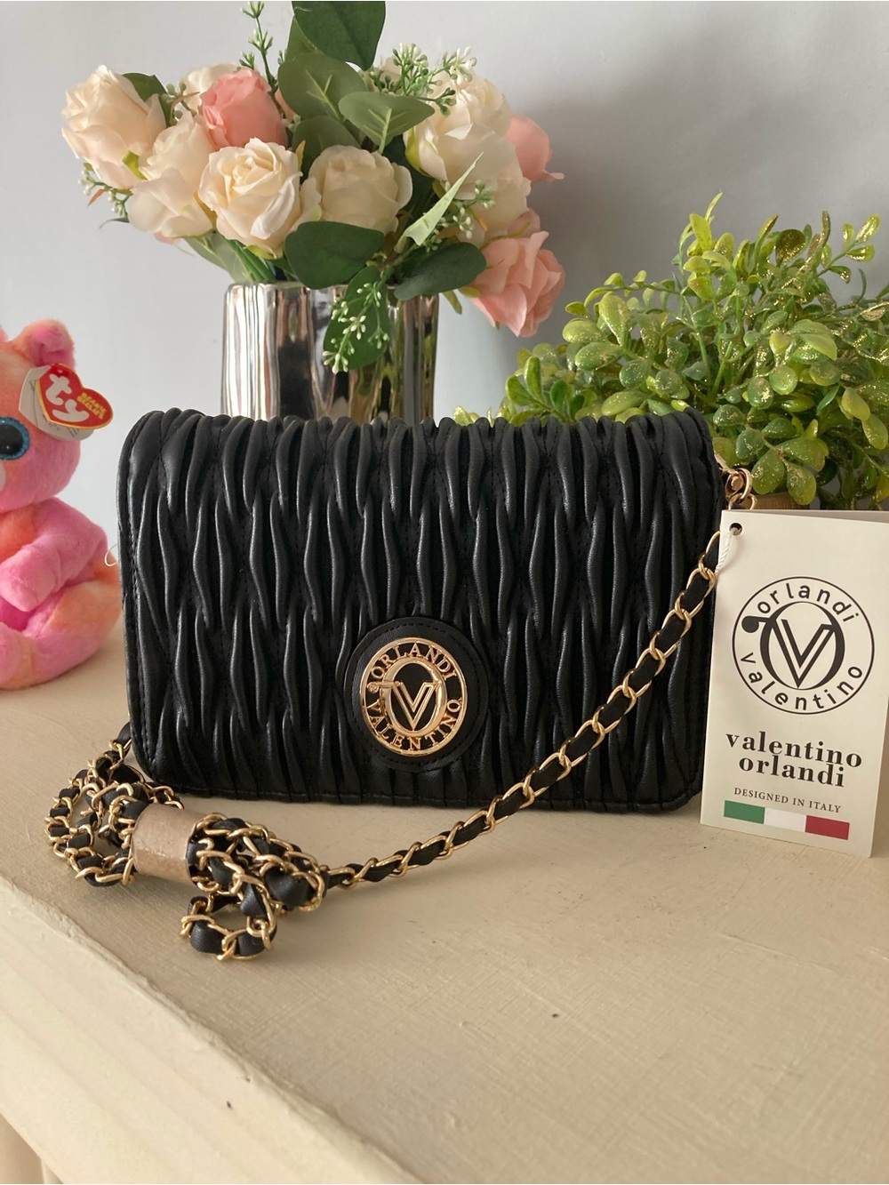 Valentino Orlandi Black Quilted Crossbody with Gold Chain